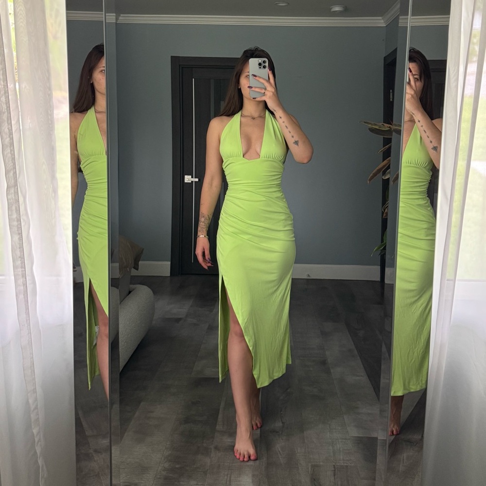 Zara Green and Yellow Halter Slit Dress (Brand New)